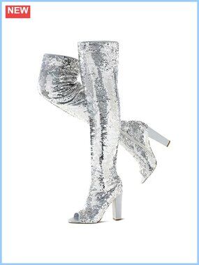 Sequin Thigh High Boots Chunky Heel Peep Toe Over Knee Women's Party